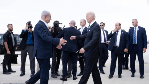Israel Prime Minister Benjamin Netanyahu greets US President Joe Biden upon his arrival at Tel Aviv's Ben Gurion airport